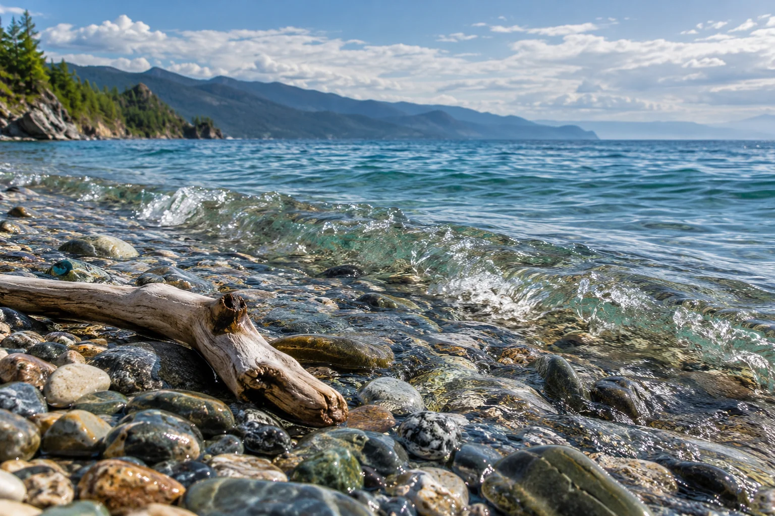 Прозрачная вода Байкала у берега